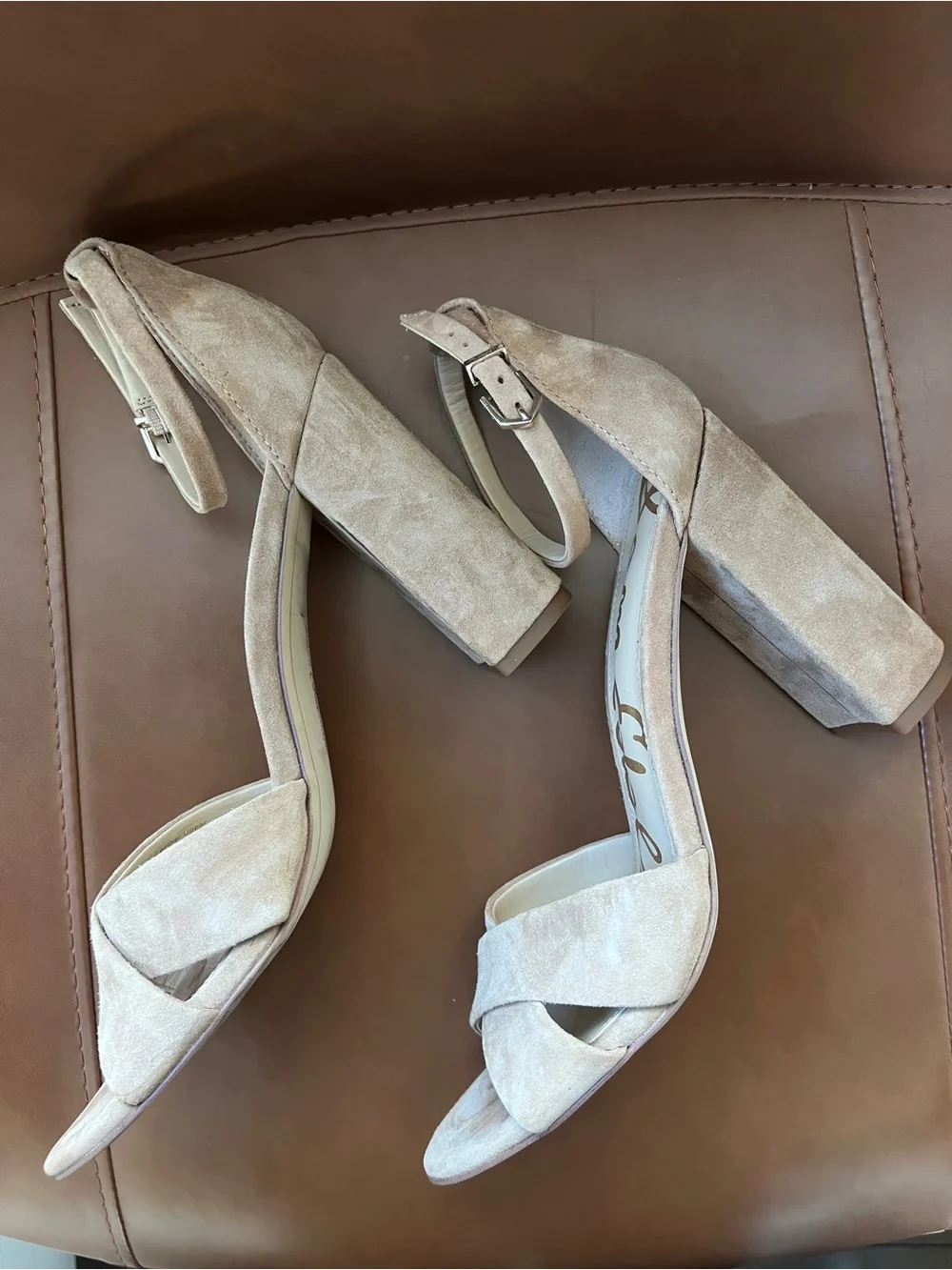 Sam Edelman Beige Suede Block Heel Sandals